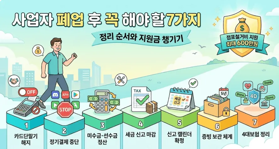 사업자 폐업 후 꼭 해야 할 일 7가지를 단계별 일러스트로 정리한 가이드 이미지. 1단계 카드단말기 해지, 2단계 정기결제 중단, 3단계 미수금 및 선수금 정산, 4단계 세금 신고 마감, 5단계 신고 캘린더 확정, 6단계 증빙 보관 체계, 7단계 4대보험 정리 순서를 보여주며, 상단에 2026년 기준 점포철거비 최대 600만 원 지원 내용이 강조되어 있음