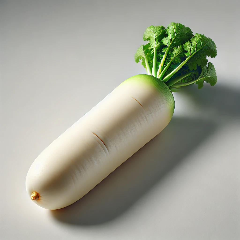 길고 가는 형태의 신선한 무가 깨끗한 표면 위에 놓여 있는 이미지.