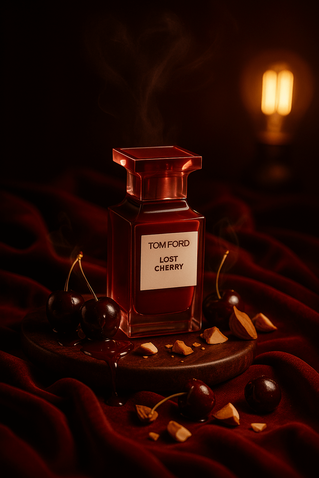 톰 포드 로스트 체리 향수가 붉은 벨벳 천 위에 진한 체리와 아몬드 조각들과 함께 배치되어 있고, 뿌연 연기가 병 위로 피어오르며 따뜻한 전구 조명이 관능적이고 고급스러운 무드를 자아냄