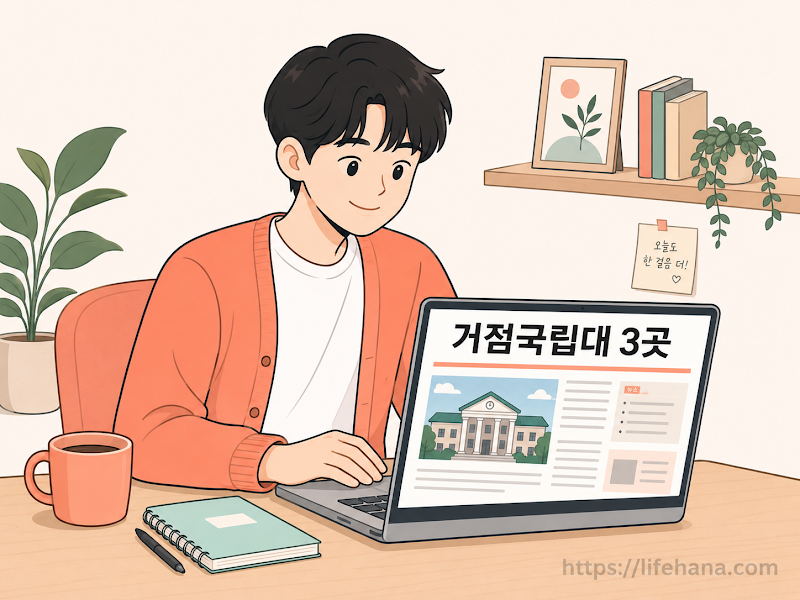 비수도권 지도 위에서 1,000억 원의 예산 패키지를 지원받을 거점국립대 3곳의 선정을 기다리는 대학생들의 활기찬 모습 일러스트