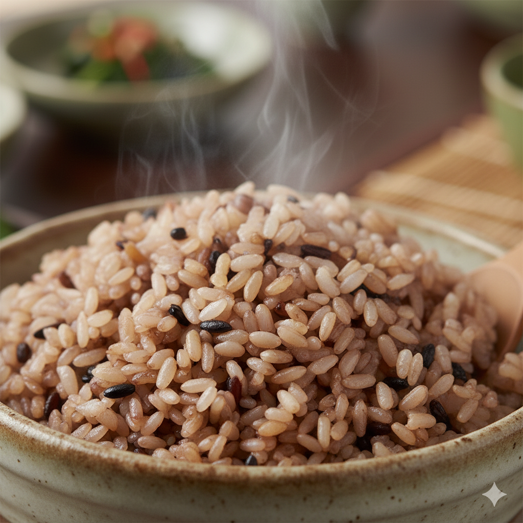 식이섬유가 풍부해 혈당 조절과 다이어트에 도움을 주는 도정되지 않은 현미쌀밥