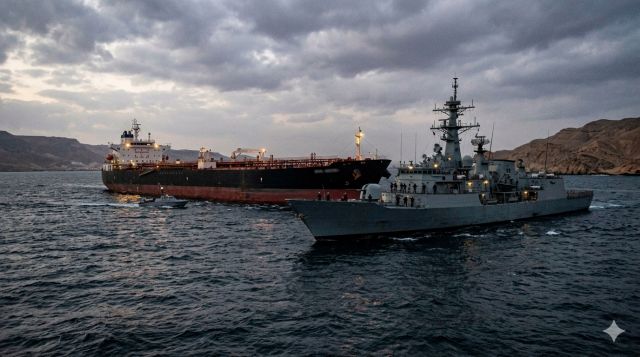 호르무즈 해협에서 군사 긴장 속 유조선 이동과 충돌 위험을 보여주는 장면