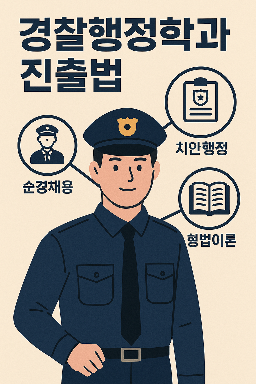 경찰행정학과 진출법 포스터. 제복을 입은 남성 경찰이 중심에 서 있고, 주변에 '순경채용', '치안행정', '형법이론'을 상징하는 원형 아이콘들이 연결되어 있음