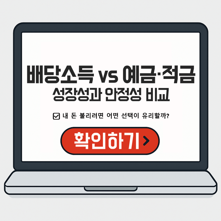 배당소득 vs 예금적금 성장성과 안정성 비교, 내 돈 불리려면 어떤 선택이 유리할까? 확인하기 버튼이 있는 노트북 이미지