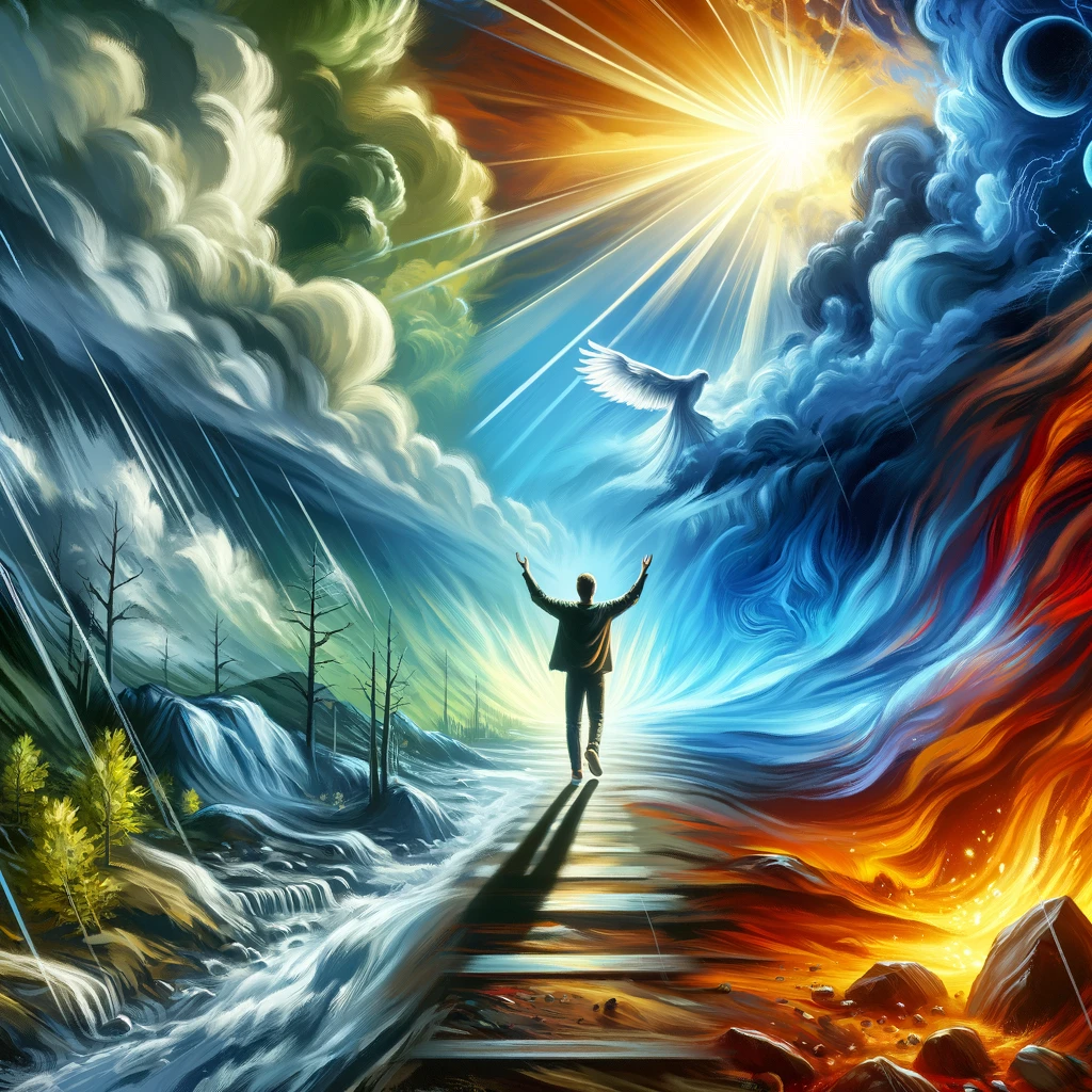 Here is the image depicting a person of faith living powerfully through a journey of belief, not swayed by negative circumstances but focusing on God's promises and vision. The individual is shown praising amidst a transition from stormy to bright skies, symbolizing resilience and hope.