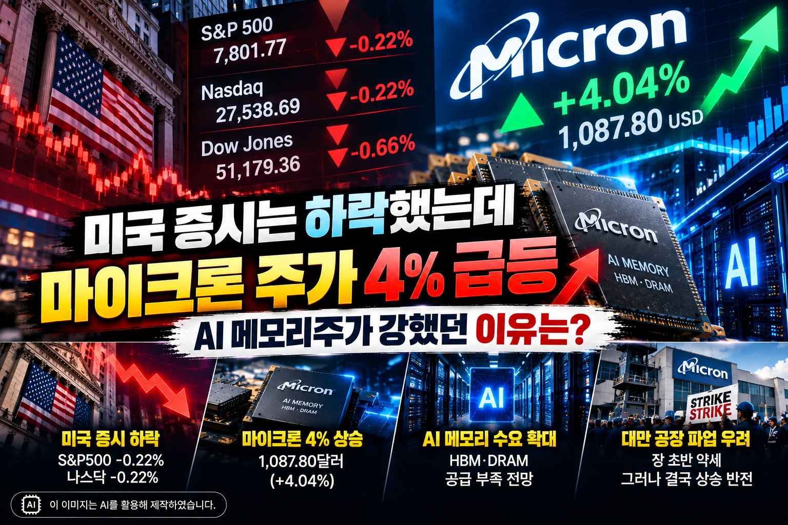 미국 증시 하락에도 마이크론 주가가 4% 급등한 모습과 AI 메모리 HBM&middot;DRAM 수요 확대를 나타낸 이미지