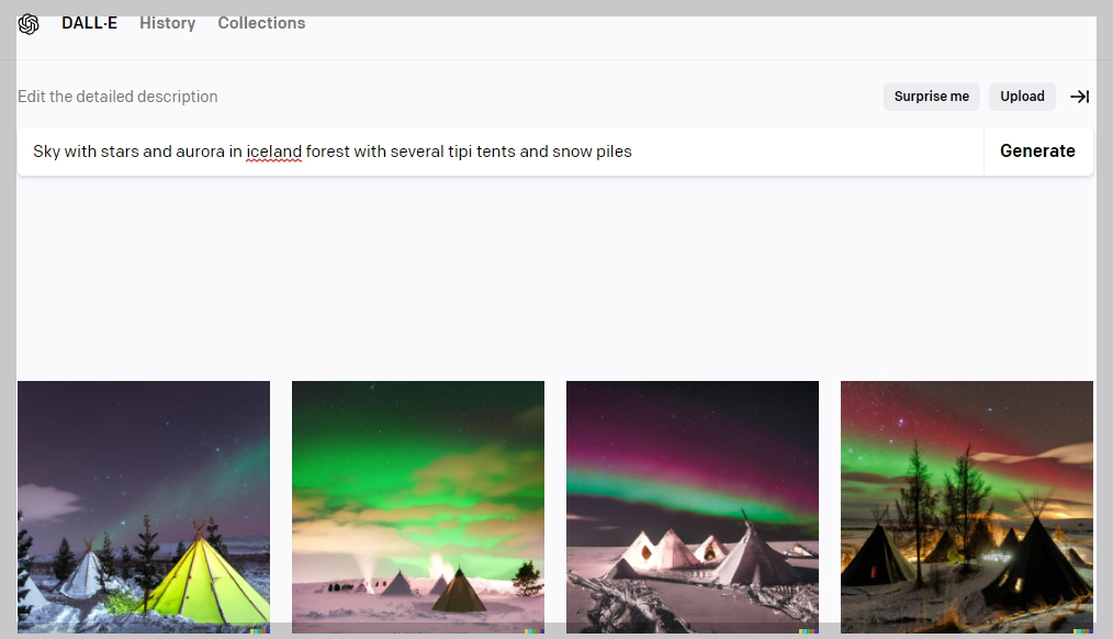 OpenAI dall-e-2 사이트 이미지 생성 시현 화면