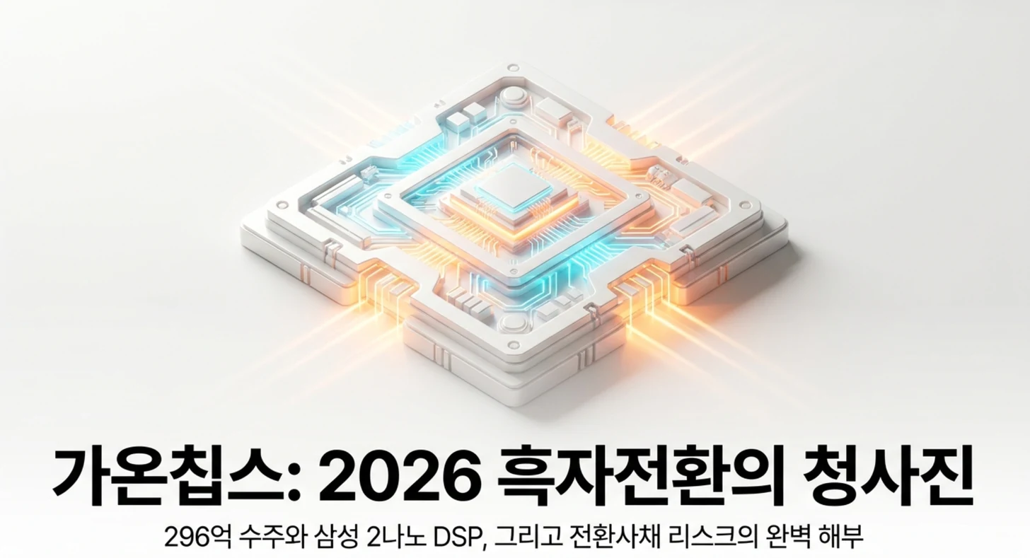 가온칩스 주가 전망을 정리한 대표 이미지로, 빛나는 반도체 칩 일러스트와 함께 '가온칩스: 2026 흑자전환의 청사진' 문구가 담겨 있습니다. 이 이미지는 글로벌 AI반도체사 296억 수주와 삼성 2나노 DSP, 전환사채 리스크라는 핵심 동력을 시각적으로 전달하며, 블로그의 가온칩스 흑자전환 길목과 목표주가 분석 주제와 관련된 내용을 설명합
