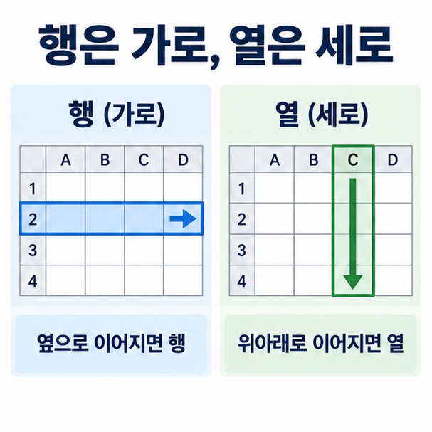 행은 가로 열은 세로라는 차이를 표 형태로 비교한 기초 개념 인포그래픽