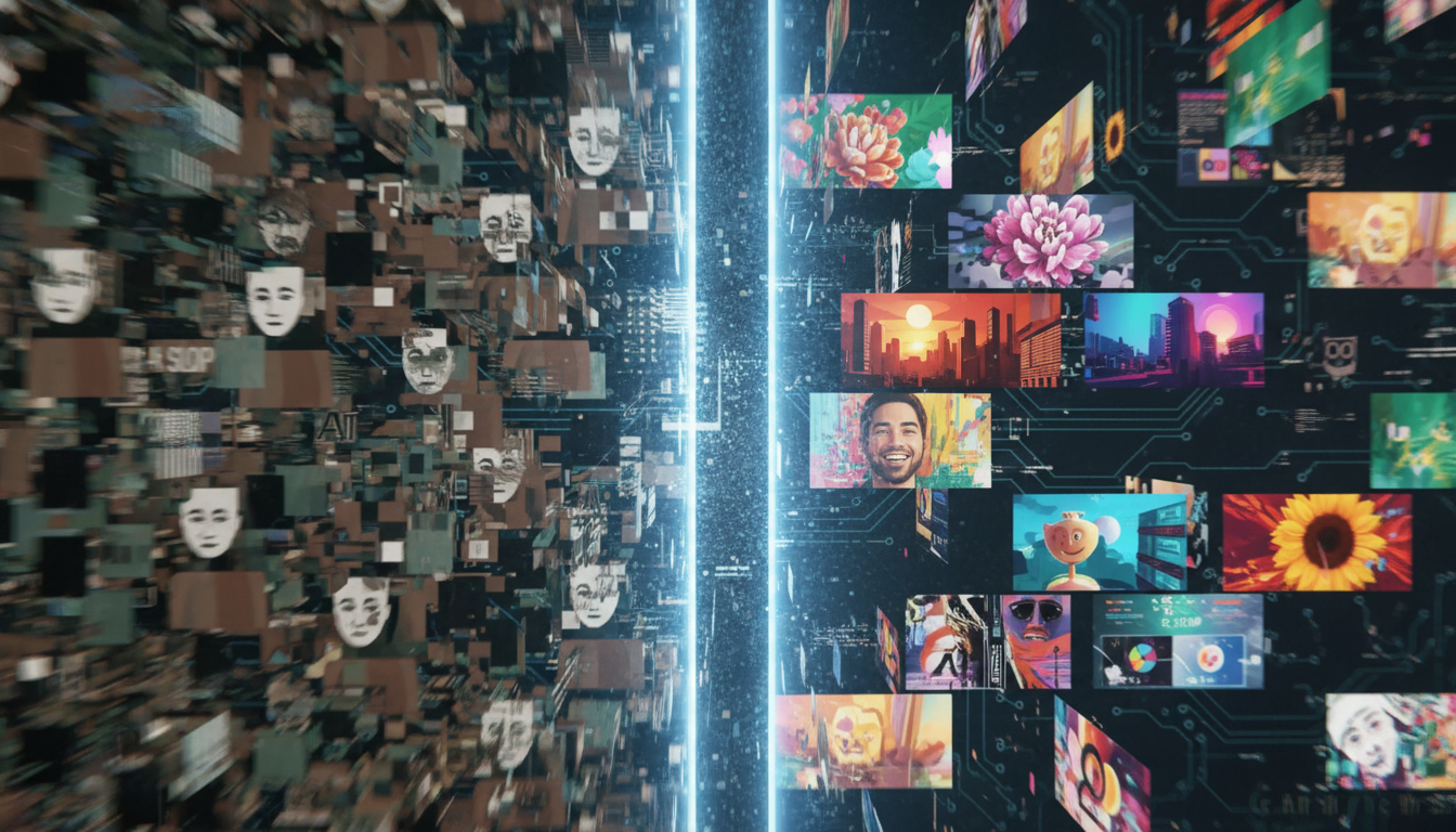 지루하고 반복적인 AI 슬롭과 독창적이고 생동감 넘치는 고품질 AI 콘텐츠 흐름이 명확히 구분되는 추상적인 디지털 시각화.