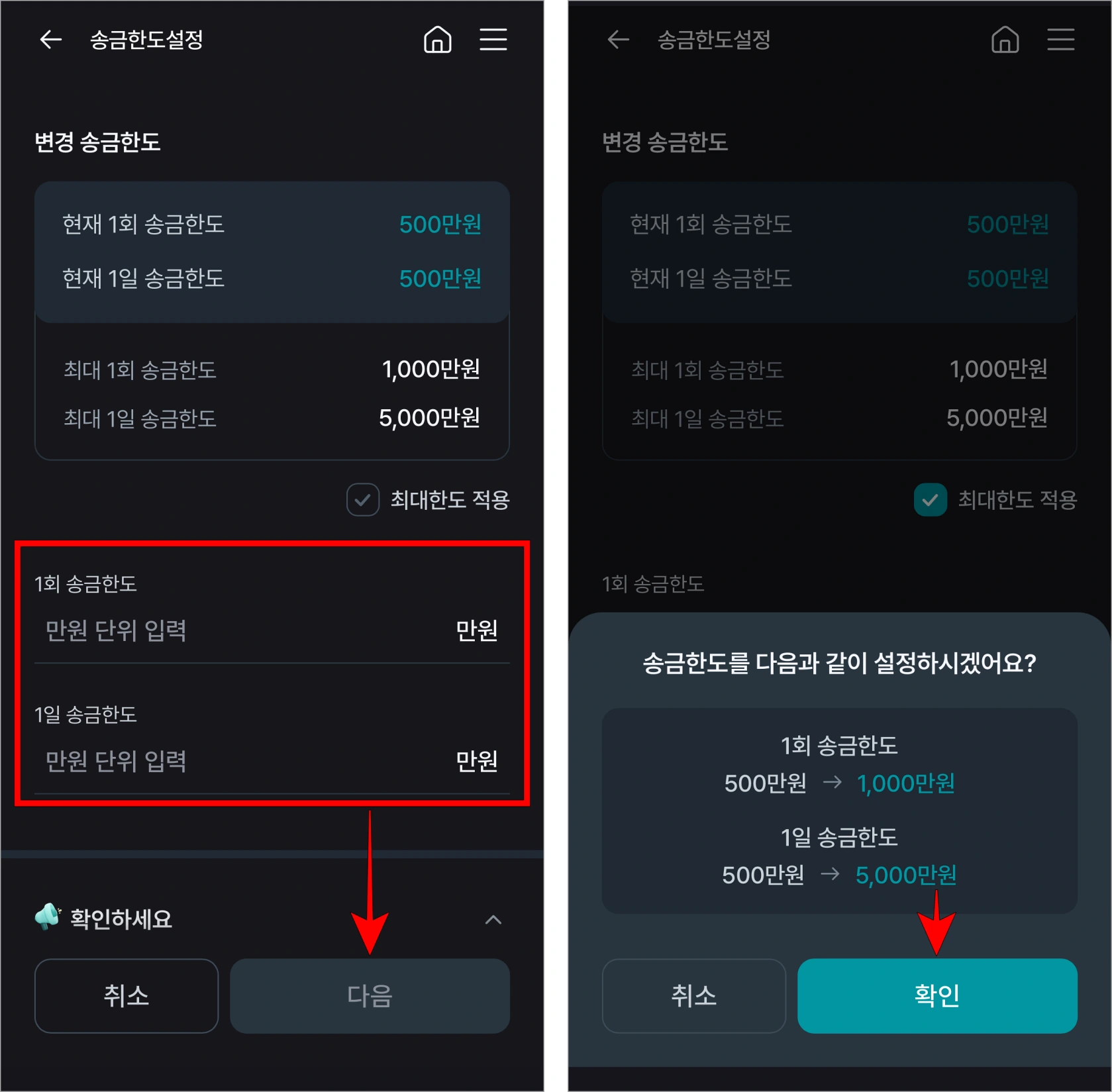 1회 송금한도와 1일 송금한도를 입력하고 다음을 선택한 후 화면에 표시된 정보의 확인을 선택