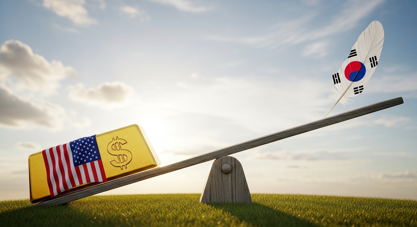 A seesaw with a heavy gold bar (Dollar) with the US flag going down on the left, and a light feather (Won) with the Korean flag going up on the right.