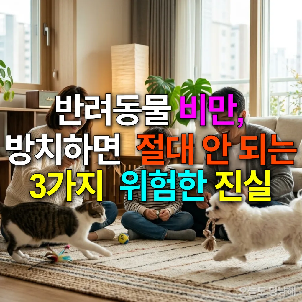 한국 아파트 거실에서 건강하고 활기찬 반려동물과 즐거운 시간을 보내는 한국 가족