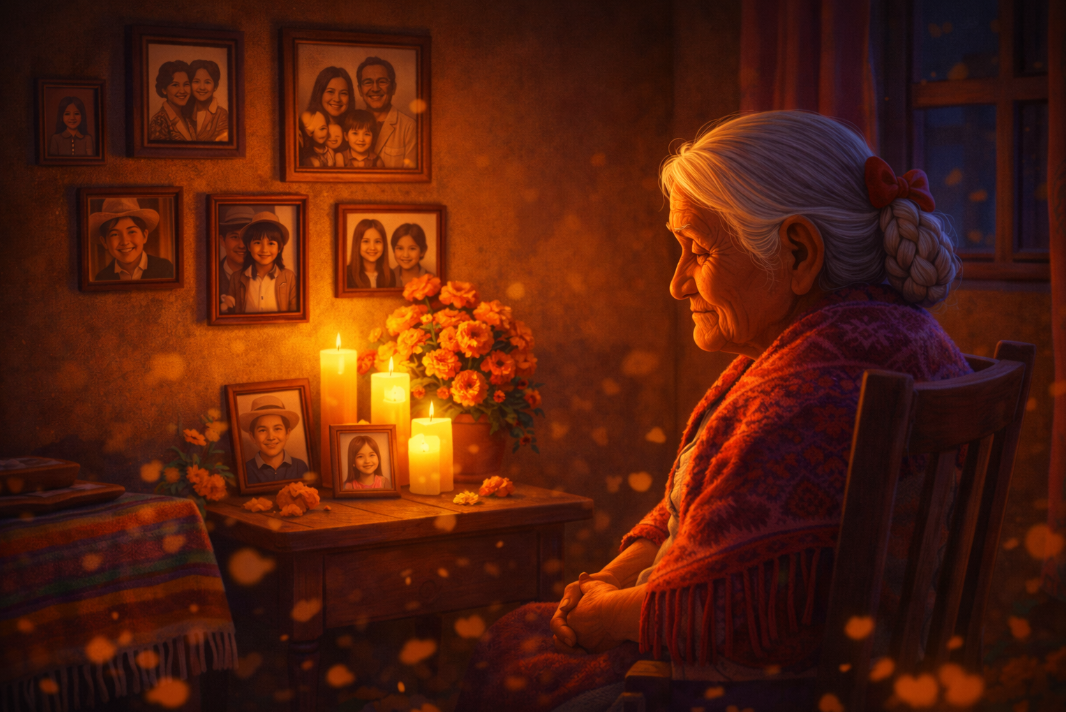 가족사진과 꽃이 놓인 방 안에 한 노인이 조용히 앉아 있는 따뜻한 실내 장면