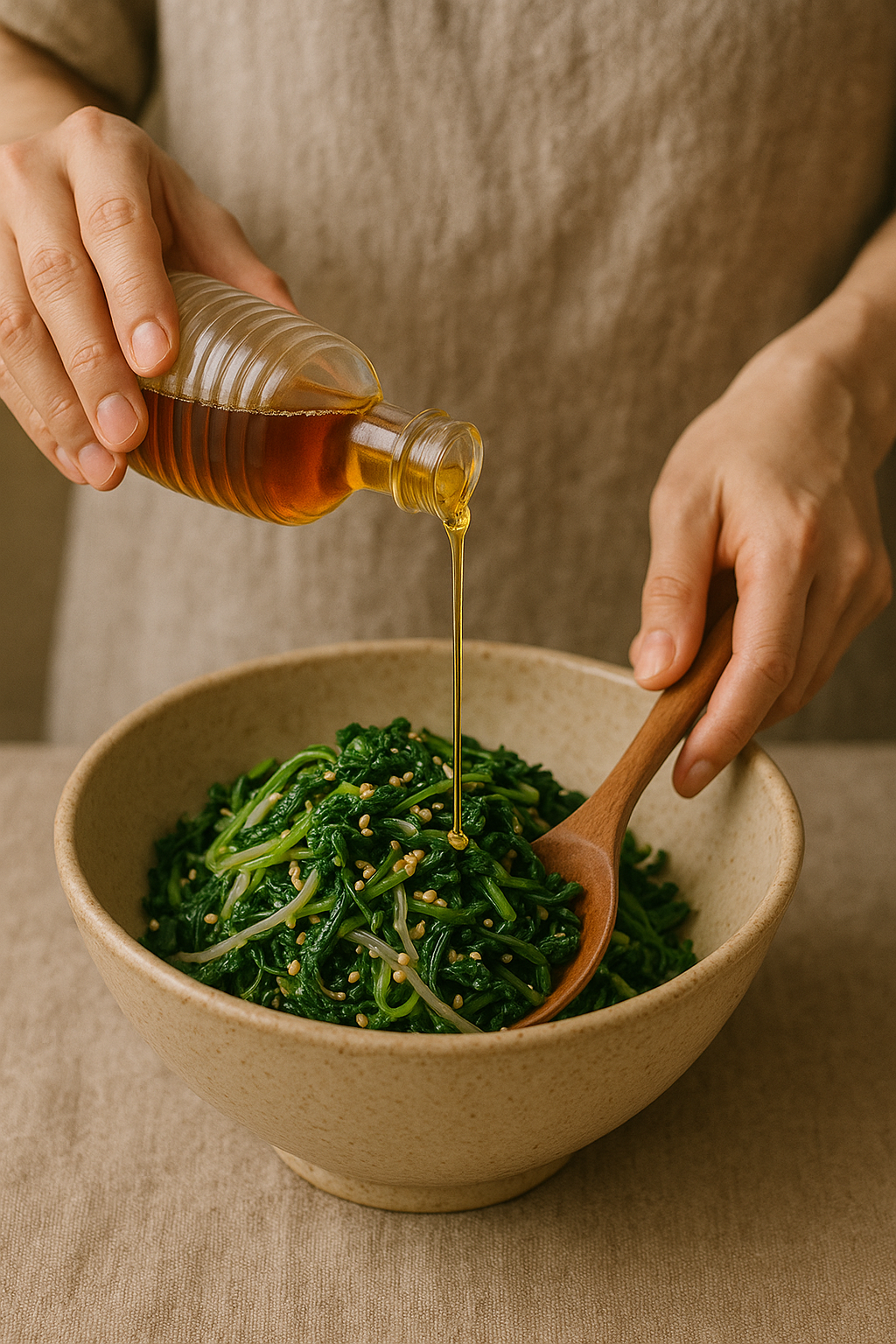 들기름으로 나물 무치는 모습