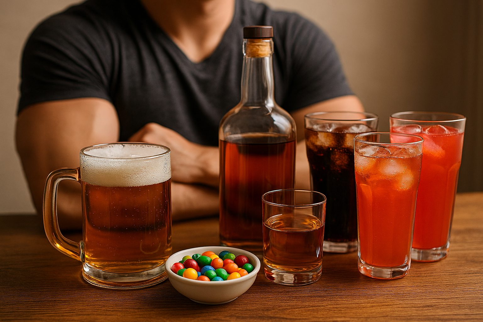 술과 단 음료가 놓인 식탁 이미지