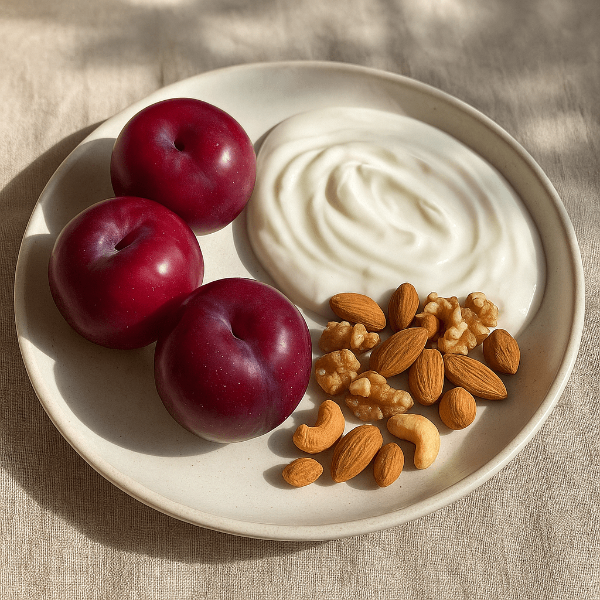 자두와 요거트, 견과류로 구성되어있는 식단