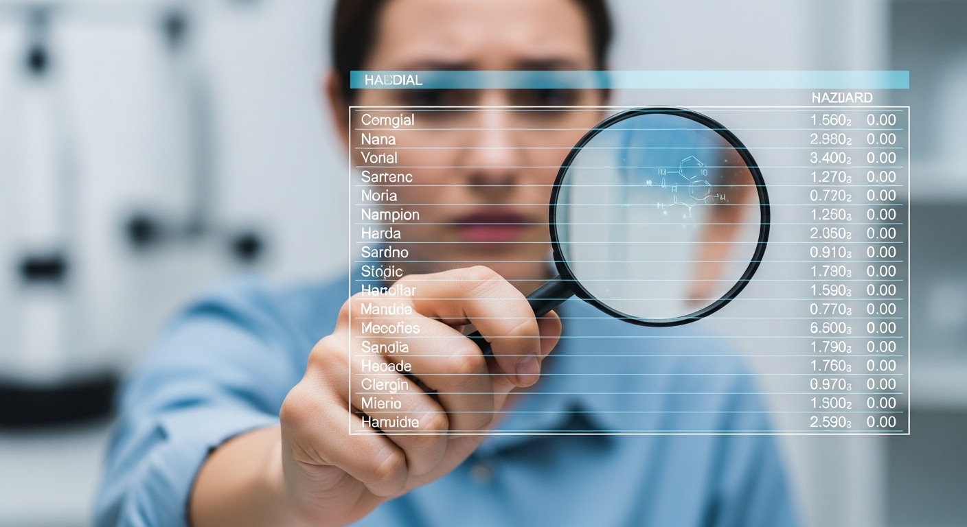 확대경으로 담배 유해성분 목록을 진지하게 살펴보는 사람의 모습.