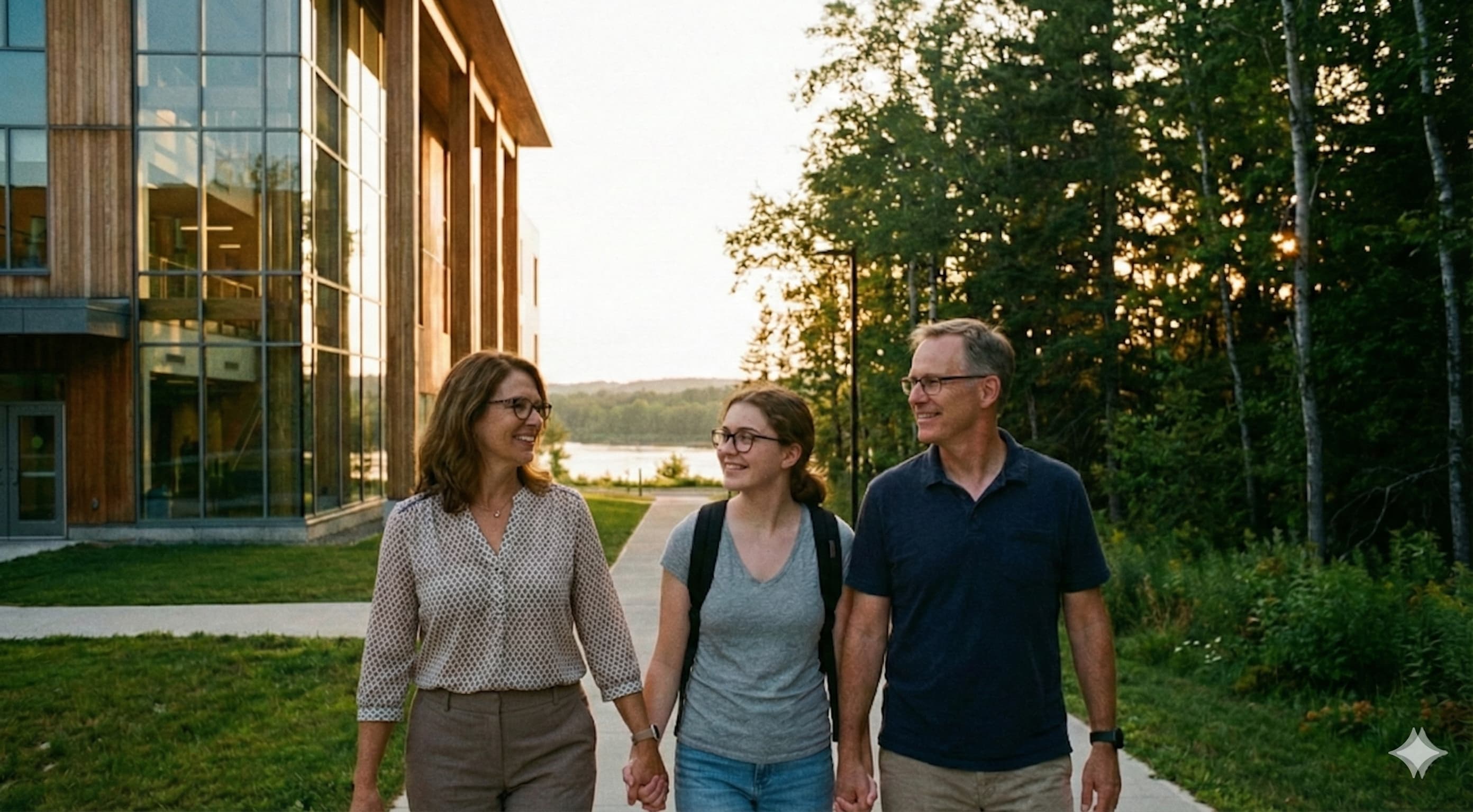 현대 건축과 자연이 공존하는 대학 캠퍼스 야외에서 부모와 자녀가 희망찬 미래를 바라보며 산책하는 모습