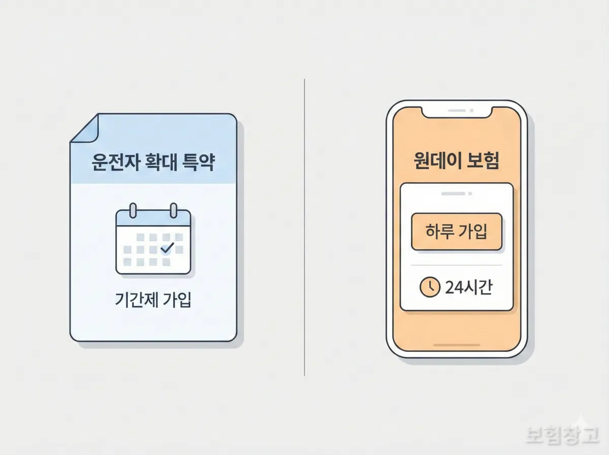 단기운전자확대특약과 원데이 자동차보험을 비교하는 일러스트