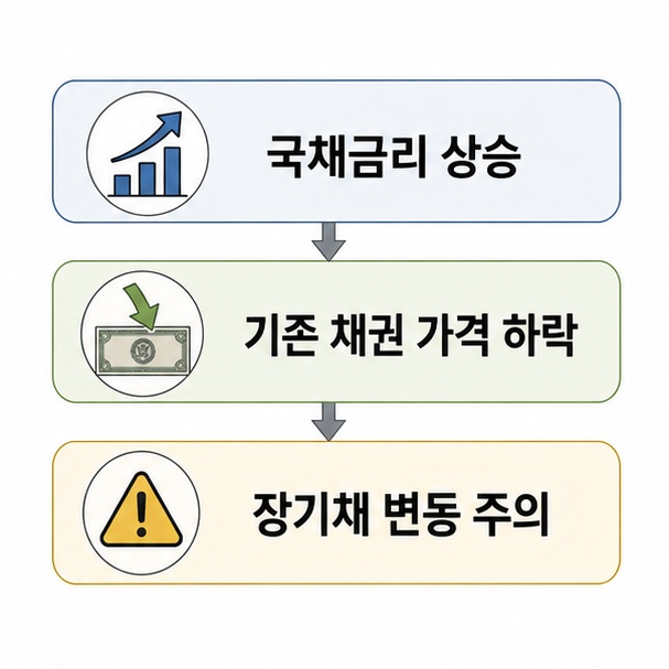 미국 국채금리가 상승하면 기존에 발행된 채권 가격이 반대 방향으로 하락하는 기본 관계를 보여주는 그림