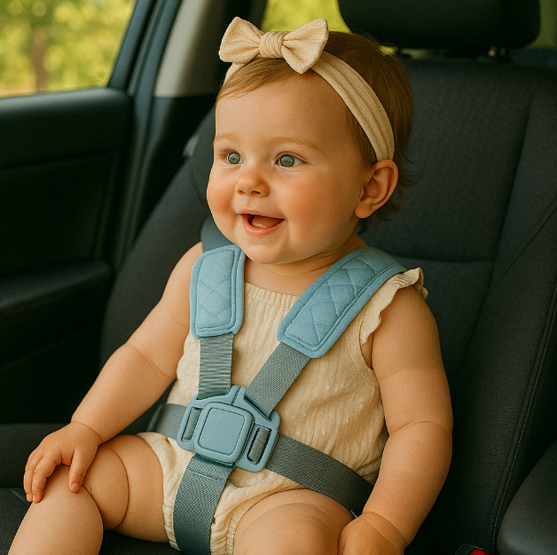 안전벨트를 하고 앉아있는 아기 모습