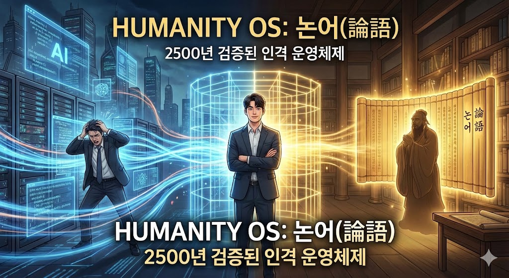 "혼란스러운 AI 서버실과 평온한 공자의 서재 사이에서, '논어'라는 지능형 데이터 스트림을 통해 중심을 잡고 서 있는 현대적 리더의 모습. 이미지 상단과 하단에는 'HUMANITY OS: 논어(論語) - 2500년 검증된 인격 운영체제'라는 문구가 강조되어 있음."