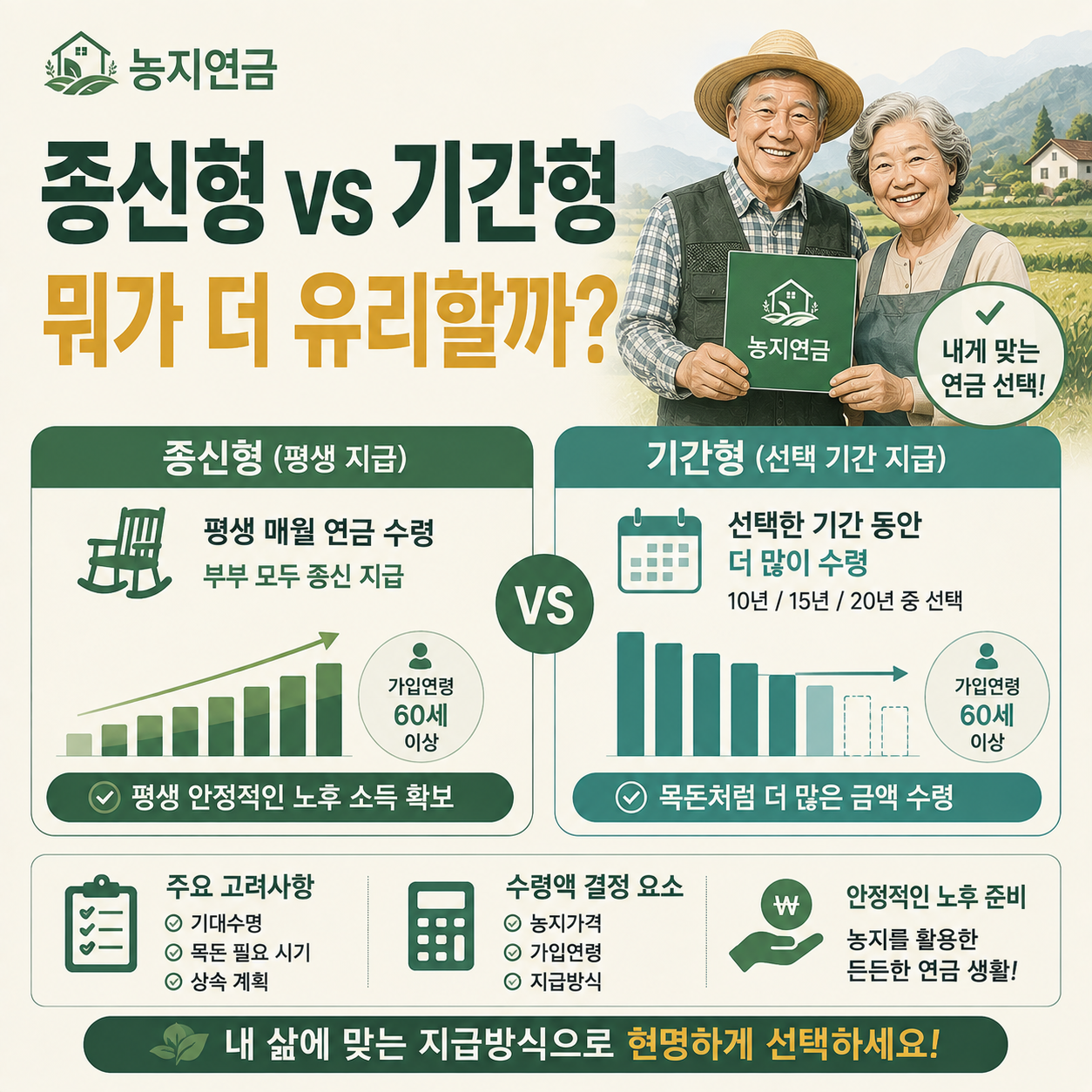 농지연금 종신형과 기간형 지급방식을 비교하는 이미지