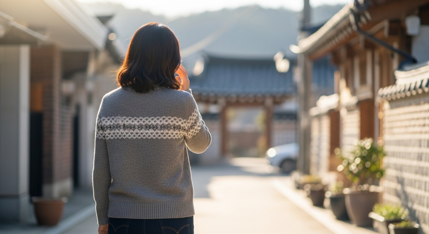 혼잣말을 하는 듯한 중년 여성의 뒷모습