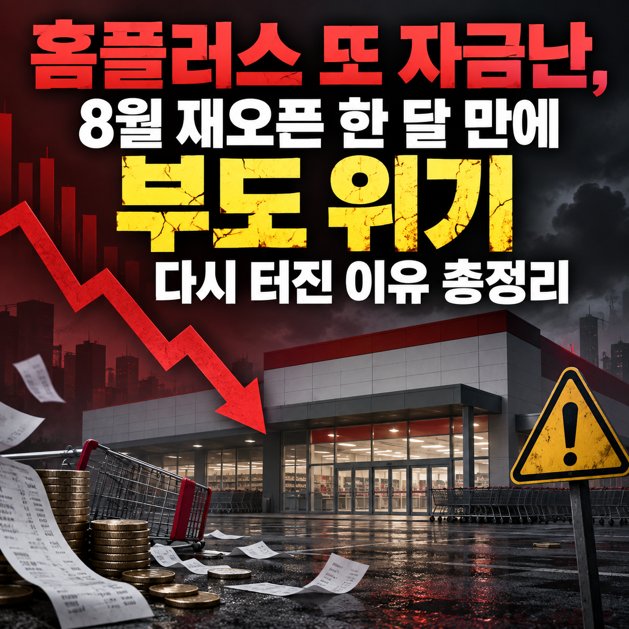 홈플러스 자금난과 부도 위기를 상징하는 대형마트, 급락 화살표, 경고 표지판, 동전과 영수증을 표현한 정사각형 인포그래픽 이미지.