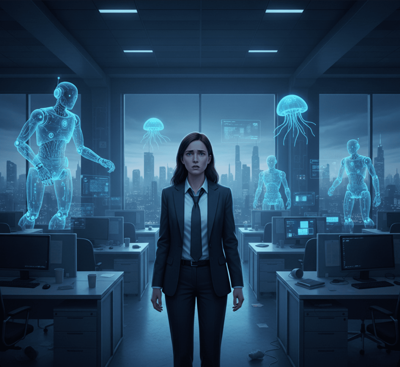 AI로 인해 사라지는 신입사원 일자리를 상징하는 이미지 - 텅 빈 사무실 앞 불안한 청년 구직자