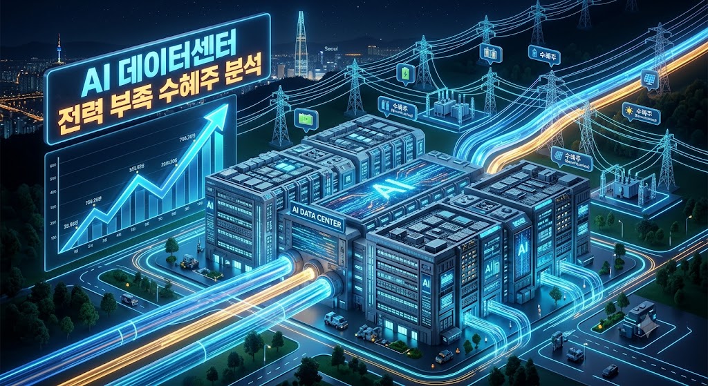 야간에 빛나는 거대한 AI 데이터센터와 전력망 전선이 연결된 3D 그래픽 (텍스트: AI 데이터센터 전력 부족 수혜주 분석)