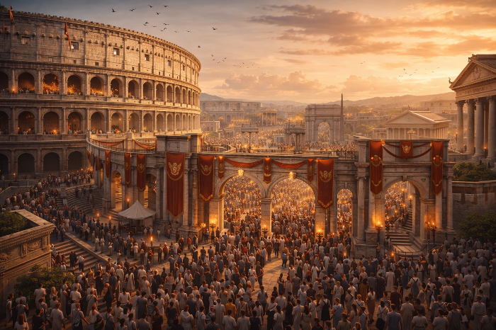 로마 축제 루디 기간의 활기찬 도시와 극장 전경