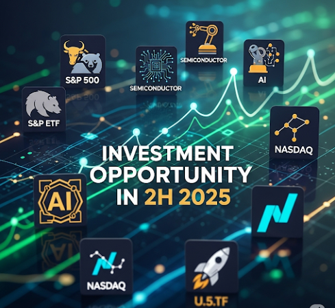 다양한 미국 주식형 ETF를 상징하는 아이콘들(S&P 500, 나스닥, AI, 반도체 등)이 동적인 그래프 배경 위에 배열되어 있고, '2025년 하반기 투자 기회'라는 문구가 강조되어 있다.
