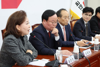 지난해 11월 28일 당시 한동훈 국민의힘 대표(오른쪽)가 서울 여의도 국회에서 열린 최고위원회에서 국민의힘 당원 게시판 논란과 관련해 발언하는 김민전 최고위원(왼쪽)을 바라보고 있다 (사진 = 연합뉴스)