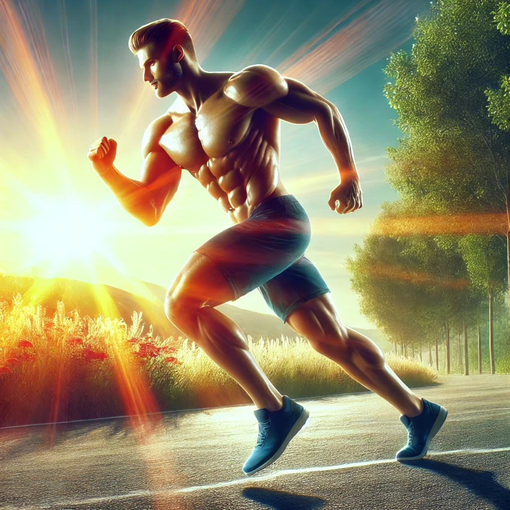 "활기찬 아침, 근육질의 남성이 야외에서 조깅하는 모습, 활력과 지구력을 상징"