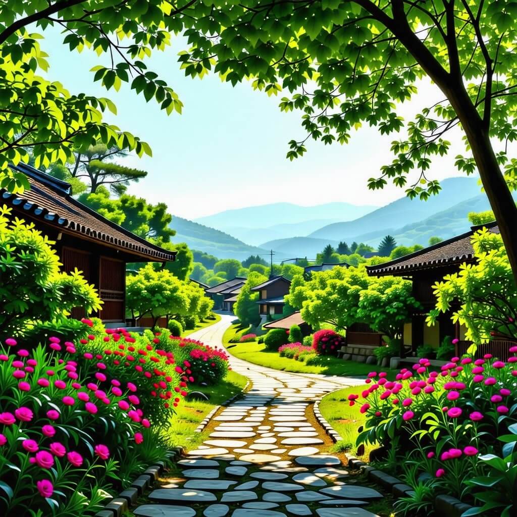 치유길과 한옥마을의 평화로운 풍경