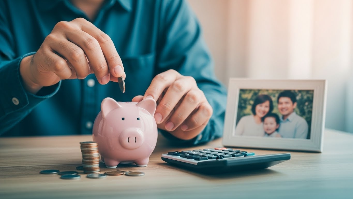 저금통에 동전을 넣는 손과 가족 사진, 안정적인 가계 재정을 상징하는 이미지.