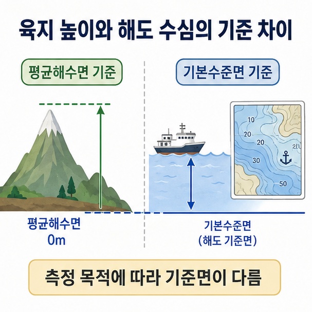 육지 표고는 평균해수면을 기준으로 하고 해도 수심은 기본수준면을 사용하는 차이를 비교한 이미지