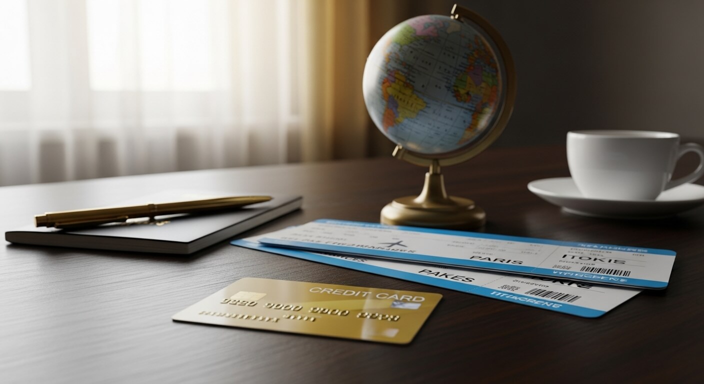 지구본과 항공권&amp;#44; 신용카드가 놓인 책상