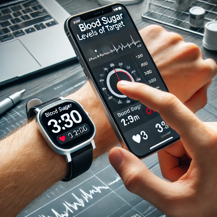혈당 알림을 스마트워치로 받은 후 스마트폰 앱에서 상세 데이터를 확인하는 모습.
