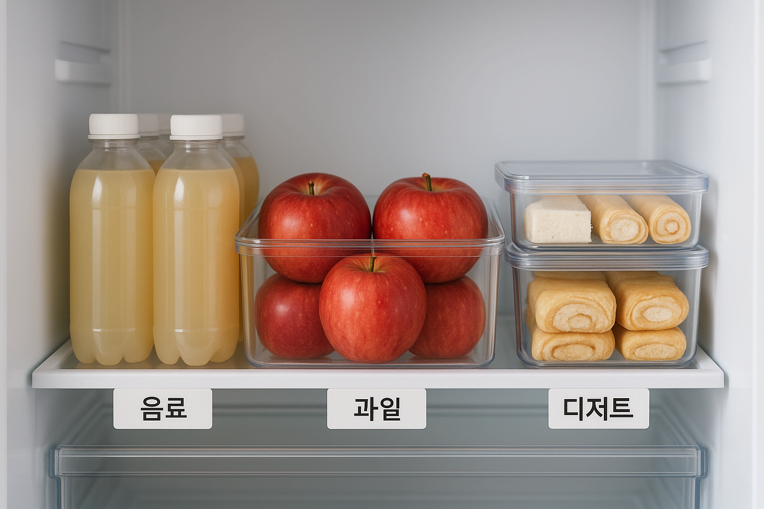 손님맞이를 위해 음료와 과일이 준비된 냉장고 전용 칸