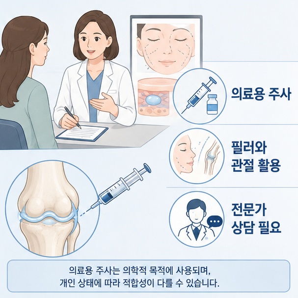 히알루론산 필러와 관절 주사는 화장품이나 먹는 제품과 다른 의료용 활용이라는 점을 보여주는 그림