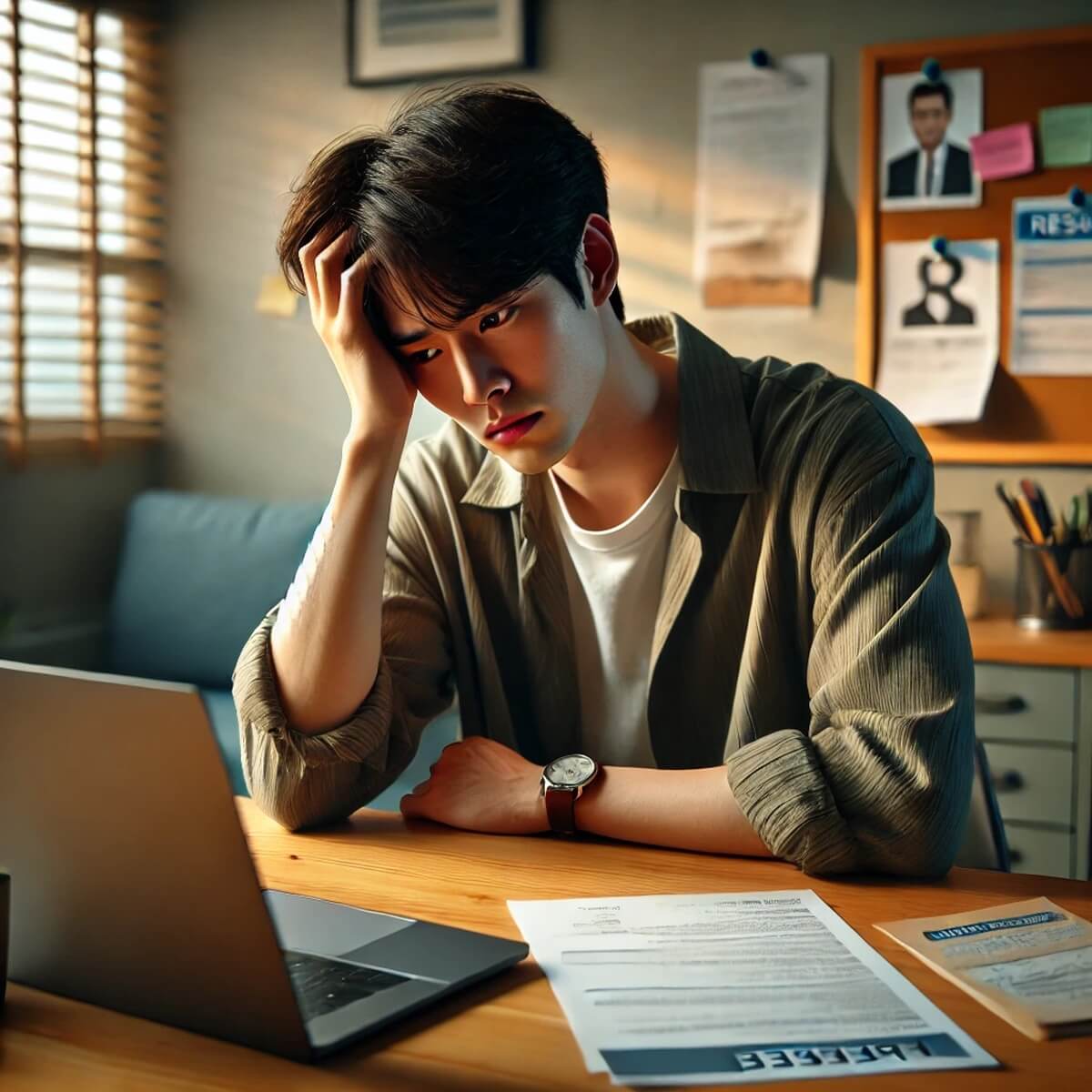 고민하는 표정의 20대 청년, 바탕은 이력서