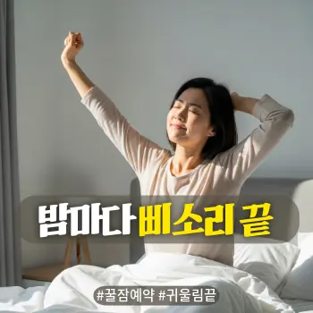 * 이미지 프롬프트: #모던 #미니멀 #깨끗한 #자연광 키워드를 반영한 디자인. 밝고 선명한 톤의 자연스러운 아날로그 필름 실사 스타일. 40대 한국인 여성이 아침 햇살이 화사하게 비치는 깨끗한 침실의 침대에 걸터앉아, 눈을 감고 기분 좋게 기지개를 켜며 개운하게 미소 짓는 모습. 밤새 귓속을 맴돌던 소음에서 벗어나 오랜만에 평온한 꿀잠을 자고 일어난 상쾌한 분위기를 연출. 아파 보이거나 우울하고 자극적인 묘사 절대 금지. 글자 없는 깨끗한 고화질 이미지.
* 썸네일 텍스트(제목): 밤마다 삐소리 끝
* 해시태그: #꿀잠예약 #귀울림끝