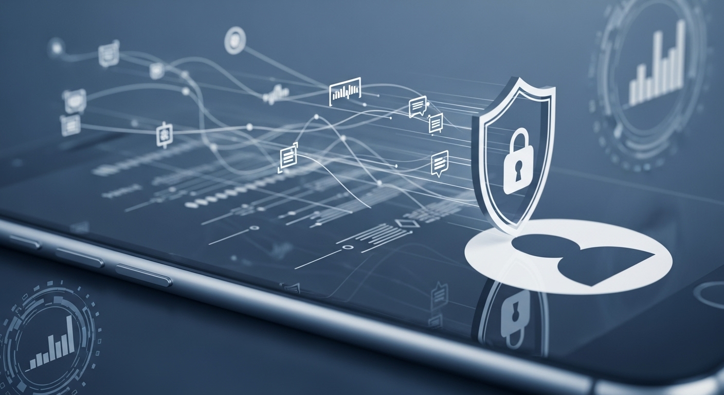 스마트폰 화면에서 개인 정보가 유출되는 듯한 데이터 흐름을 방패가 막아서는 모습, 개인 정보 보호와 보안 강화를 상징합니다.