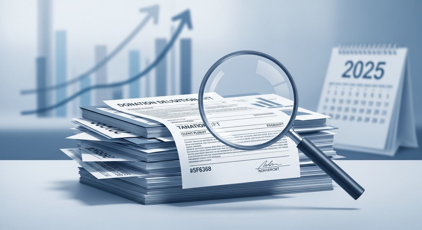 연말정산 기부금 공제를 위해 필요한 다양한 기부금 영수증과 증빙 서류들이 깔끔하게 정리되어 있는 모습. 서류를 꼼꼼히 확인하는 과정을 상징합니다.