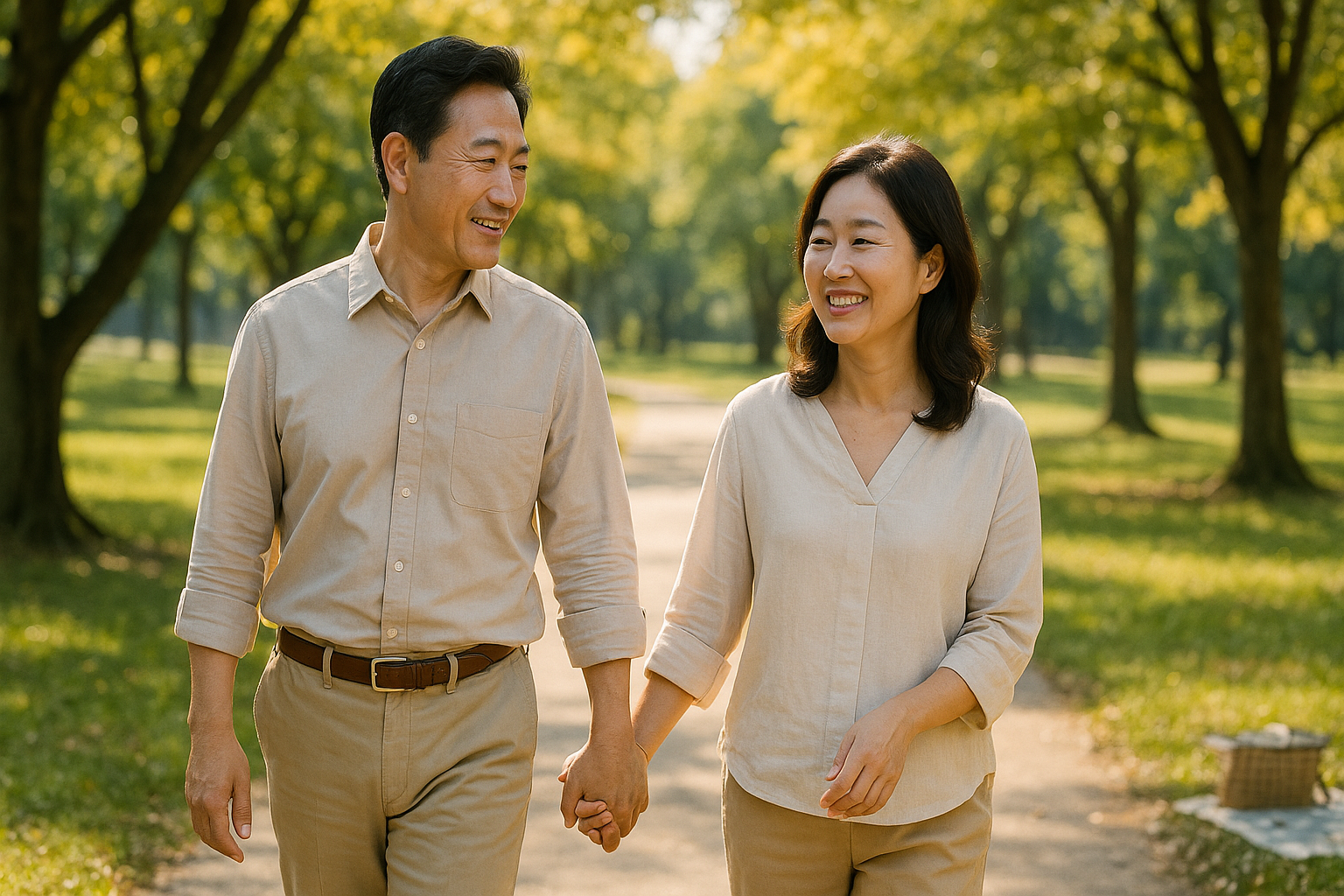 공원을 산책중인 중년부부
