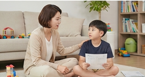 시험지를 들고 속상해하는 아들 곁에 앉은 엄마