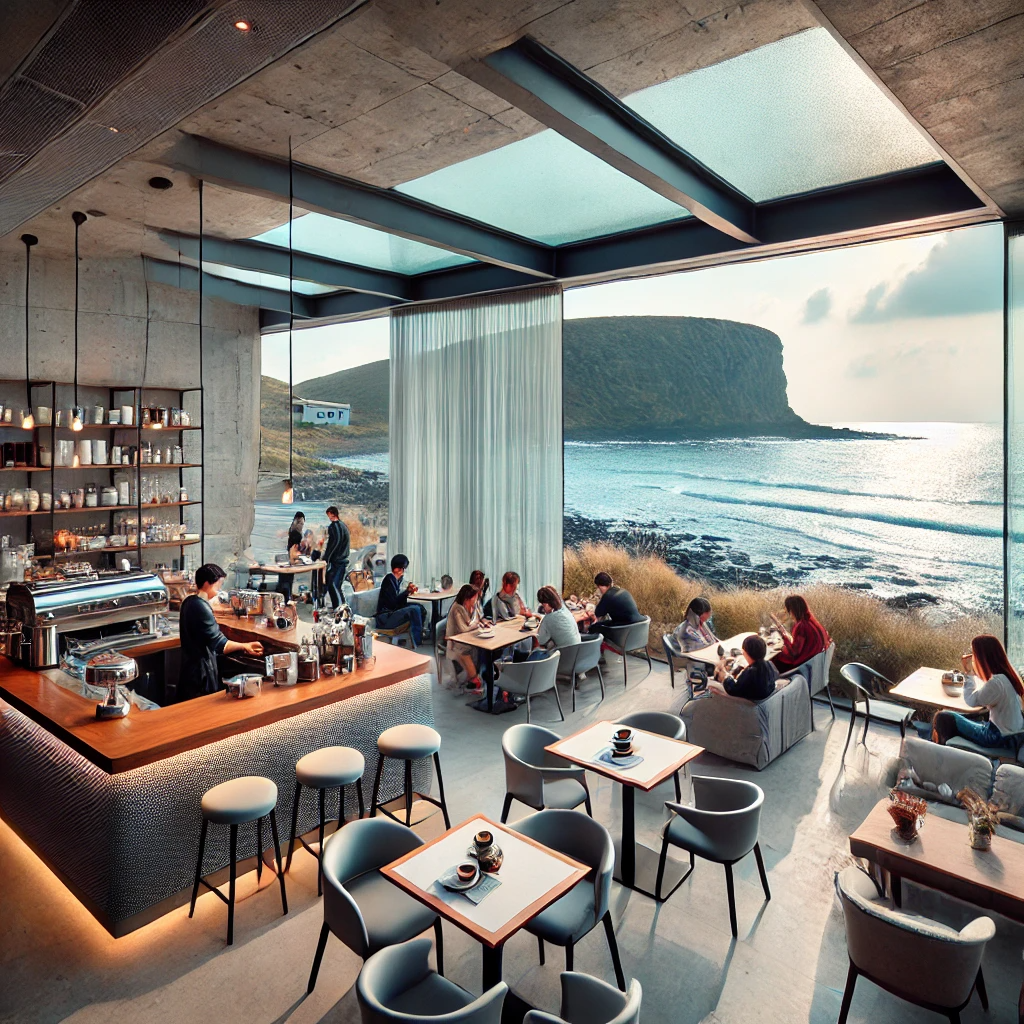 제주도 해변 근처의 트렌디한 카페. 세련된 가구와 큰 유리창이 있는 현대적인 인테리어로, 바다와 절벽의 멋진 풍경을 감상할 수 있음. 손님들은 바와 테이블에서 스페셜티 커피와 디저트를 즐기고 있으며, 야외 테라스에는 바닷바람을 느끼며 쉴 수 있는 편안한 좌석이 마련되어 있음. 분위기는 활기차고 스타일리시함.